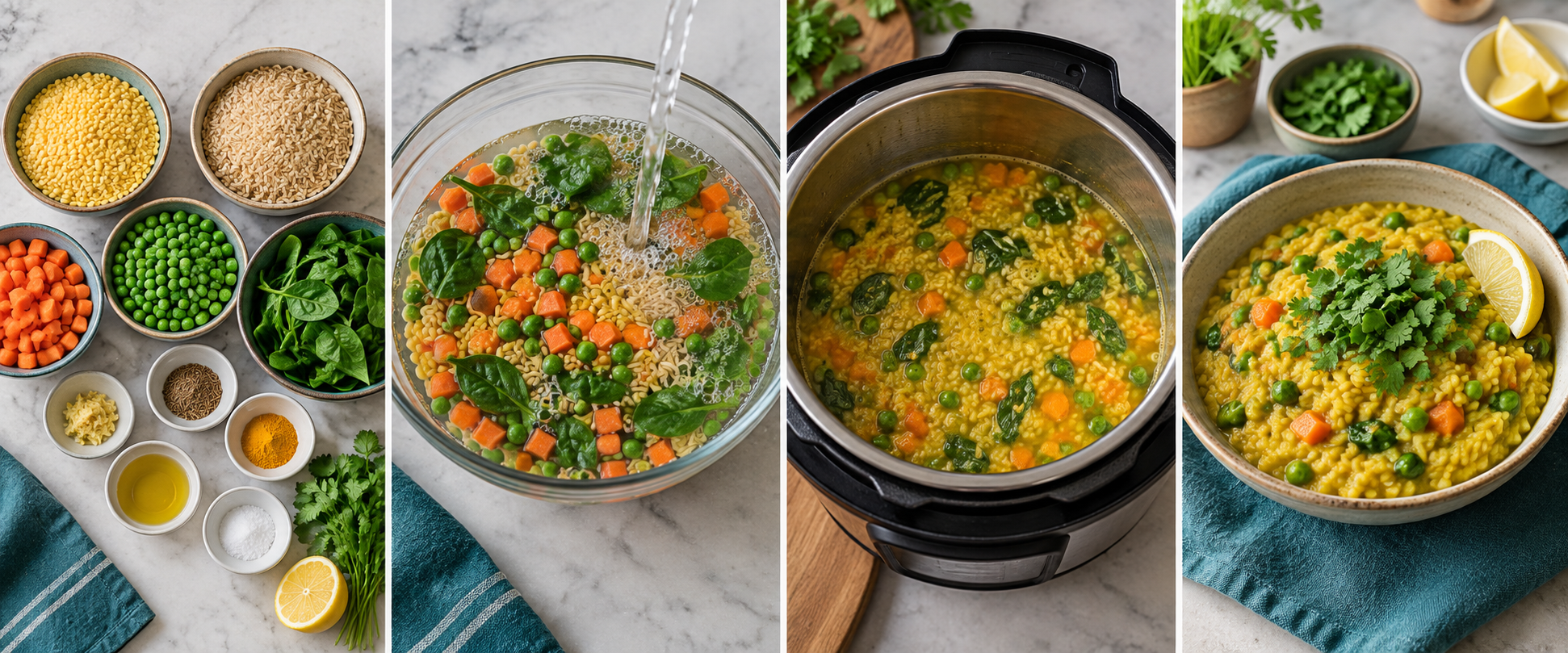Four preparation stages for vegetable moong dal khichdi